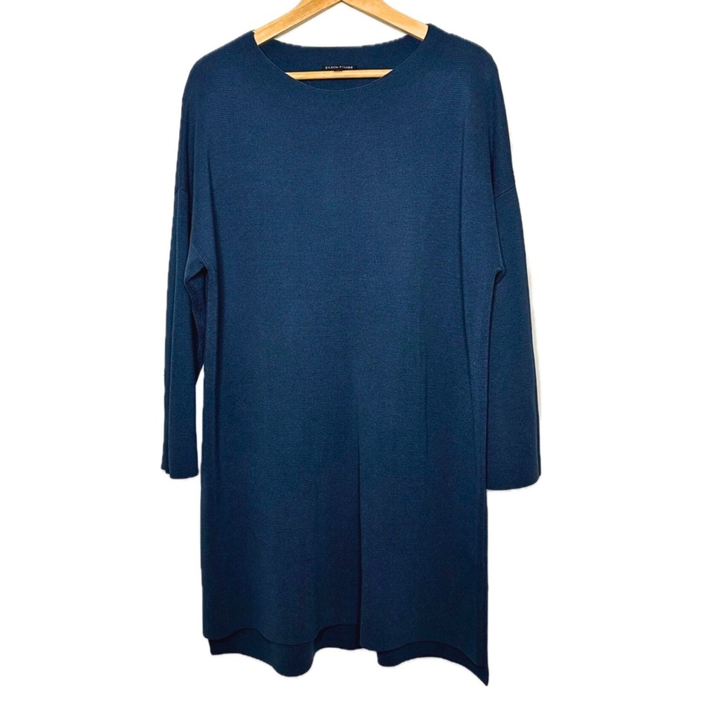 Eileen Fisher Navy Blue Sweater Dress Knited Silk Organic Cotton Relaxed Size S